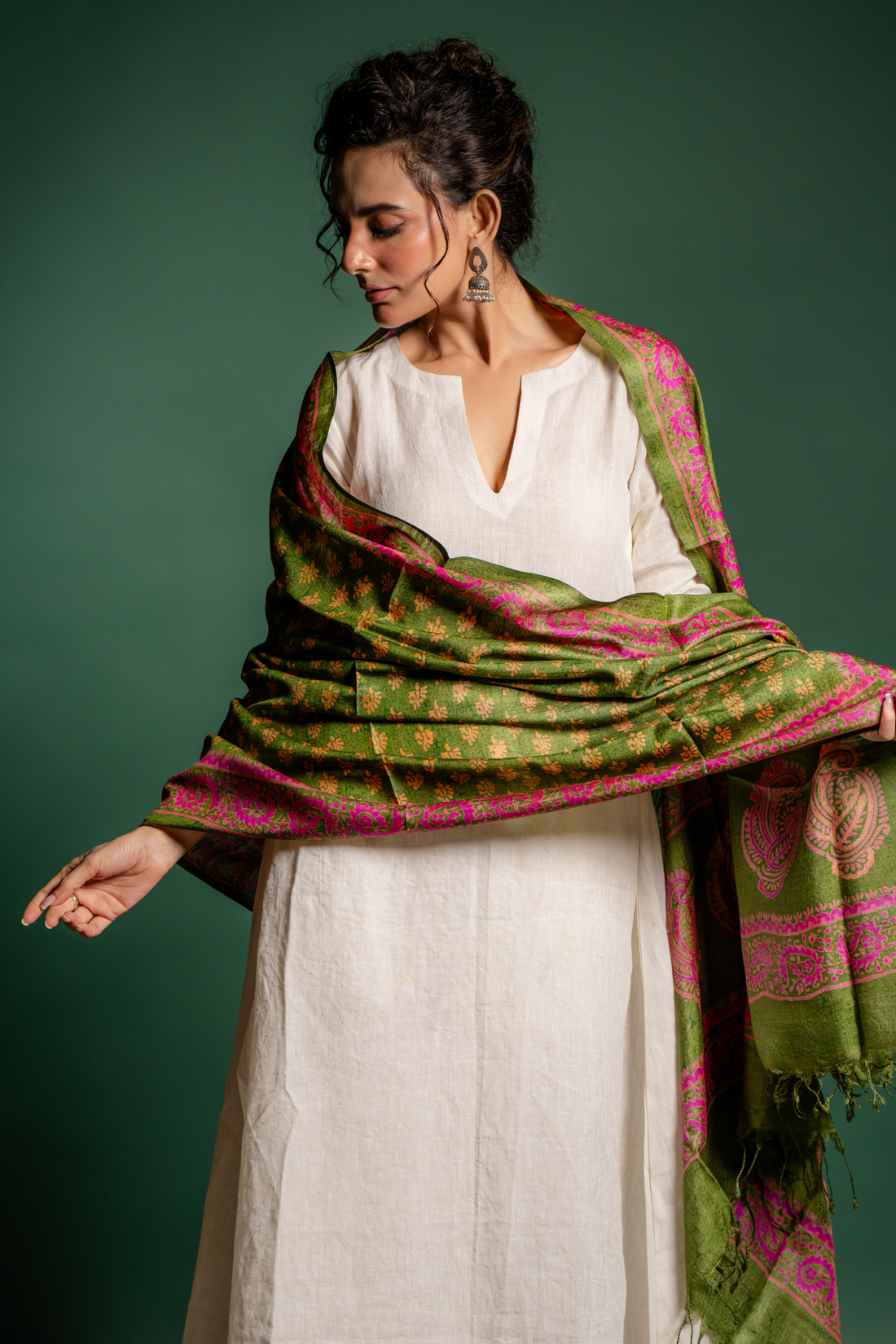 Olive Rosette Silk Dupatta: The Lush Poetry of Handwoven Elegance