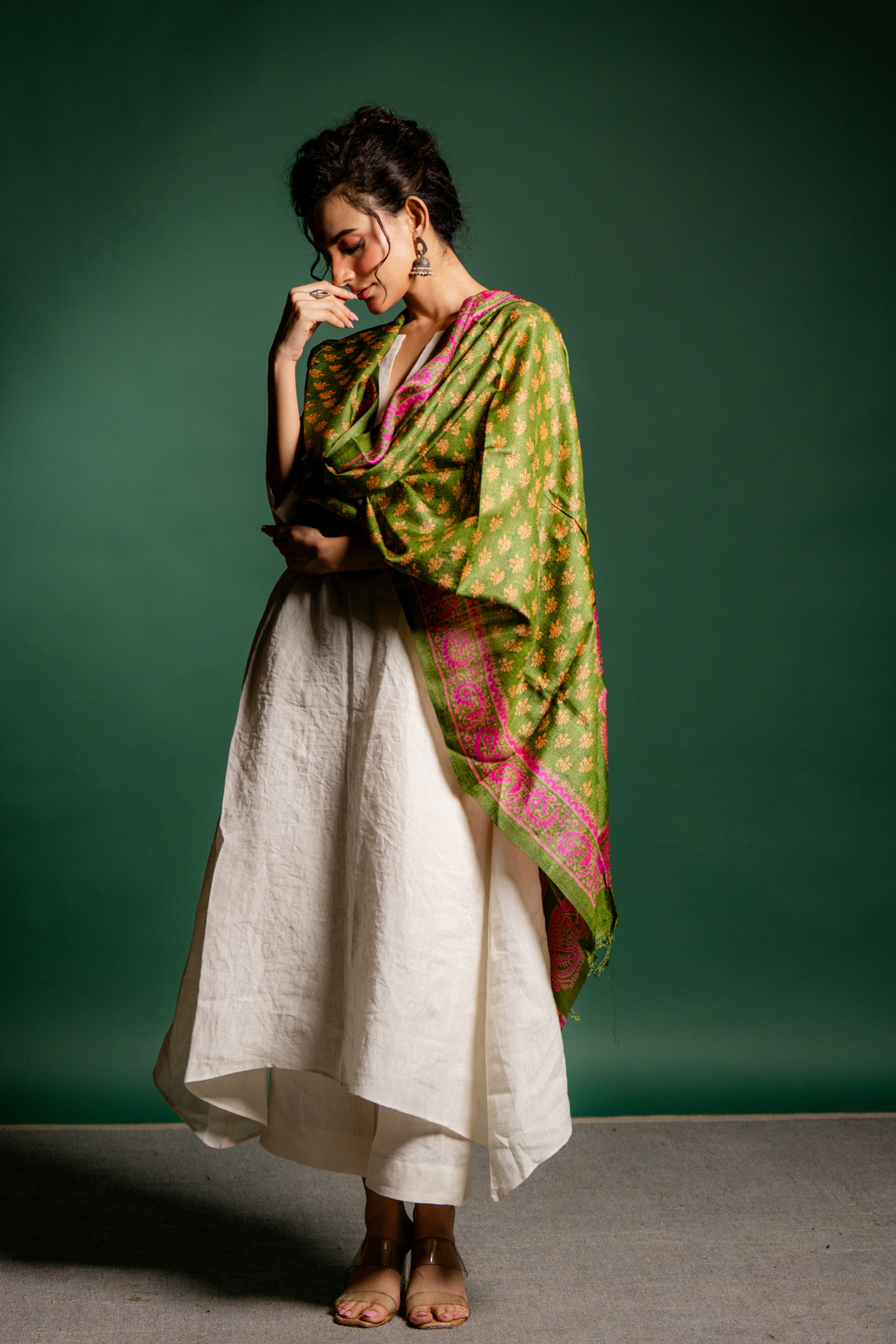 Olive Rosette Silk Dupatta: The Lush Poetry of Handwoven Elegance