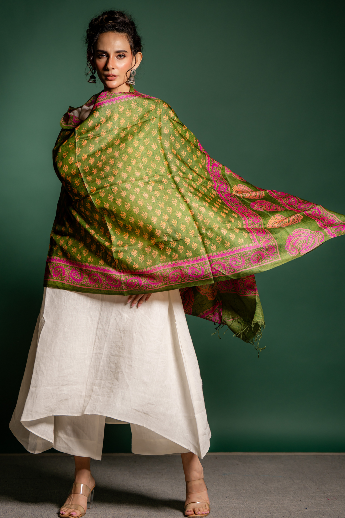 Olive Rosette Silk Dupatta: The Lush Poetry of Handwoven Elegance