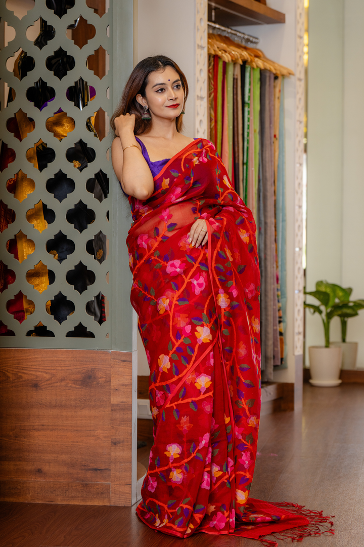 Crimson Bloom: The Delicate Artistry of Hand-Embroidered Silk