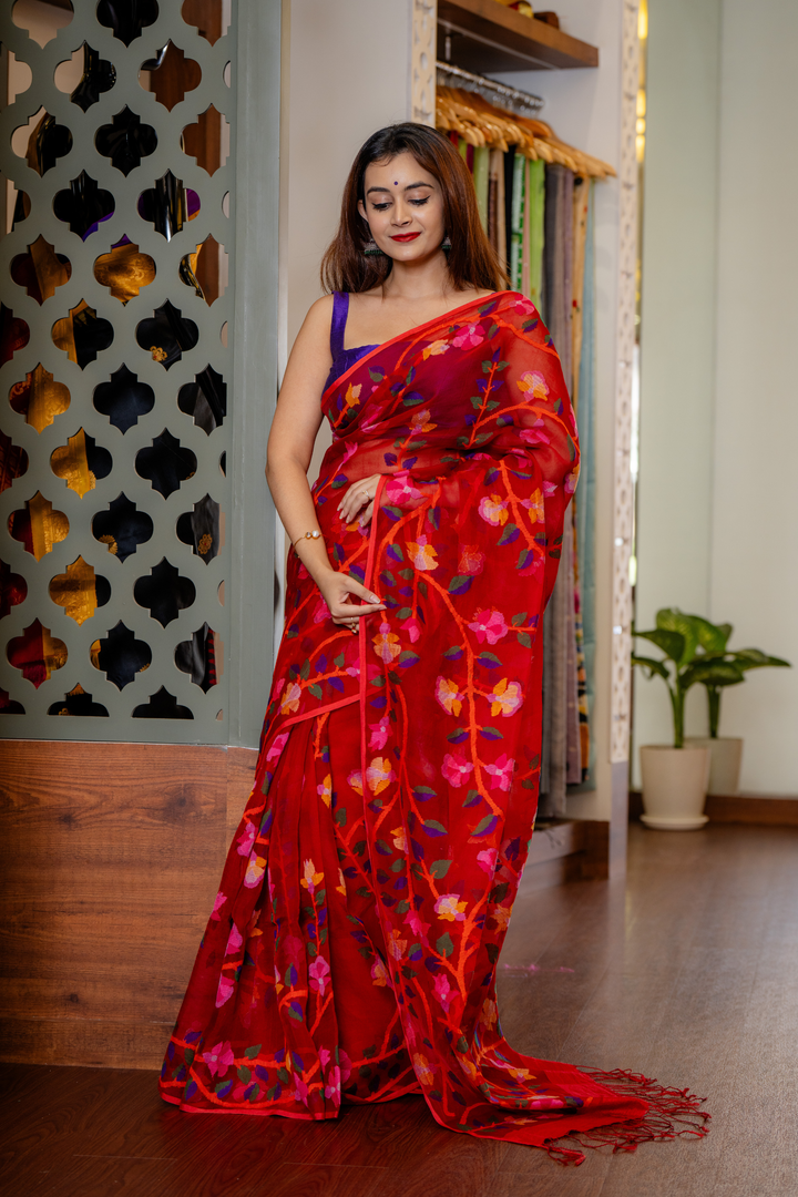 Crimson Bloom: The Delicate Artistry of Hand-Embroidered Silk