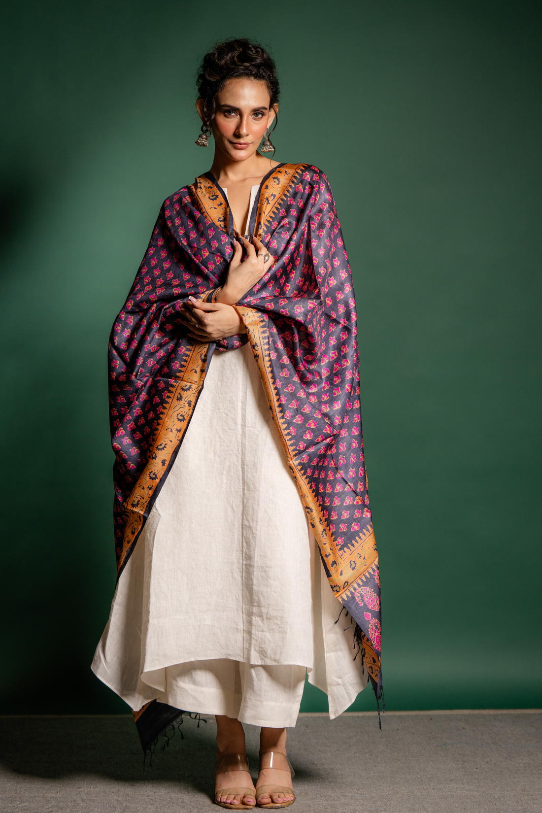 Midnight Bloom Heritage Silk Dupatta: The Art of Contrasting Elegance