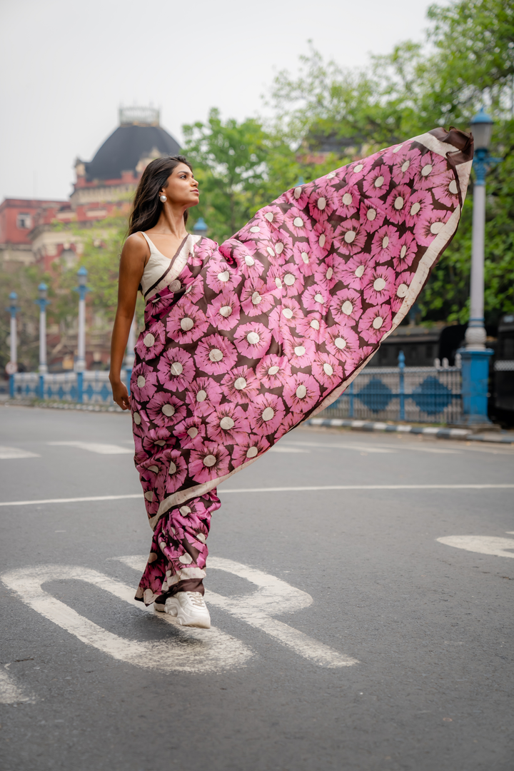Rosy Petals Hand Block Print Saree: A Bloom of Vibrant Grace