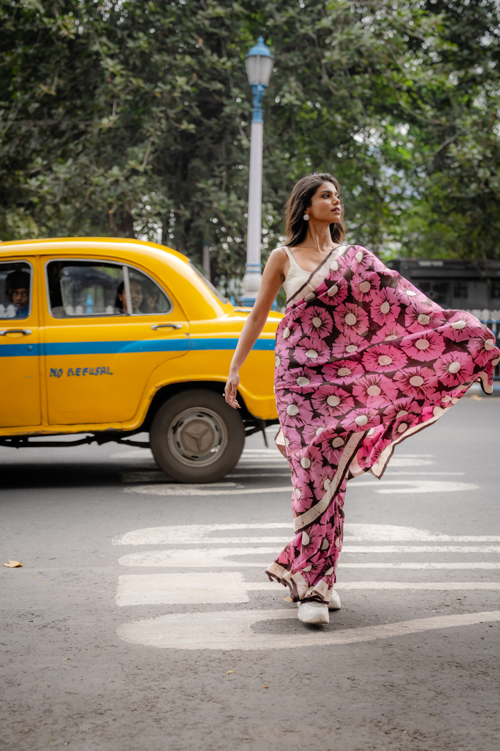 Rosy Petals Hand Block Print Saree: A Bloom of Vibrant Grace