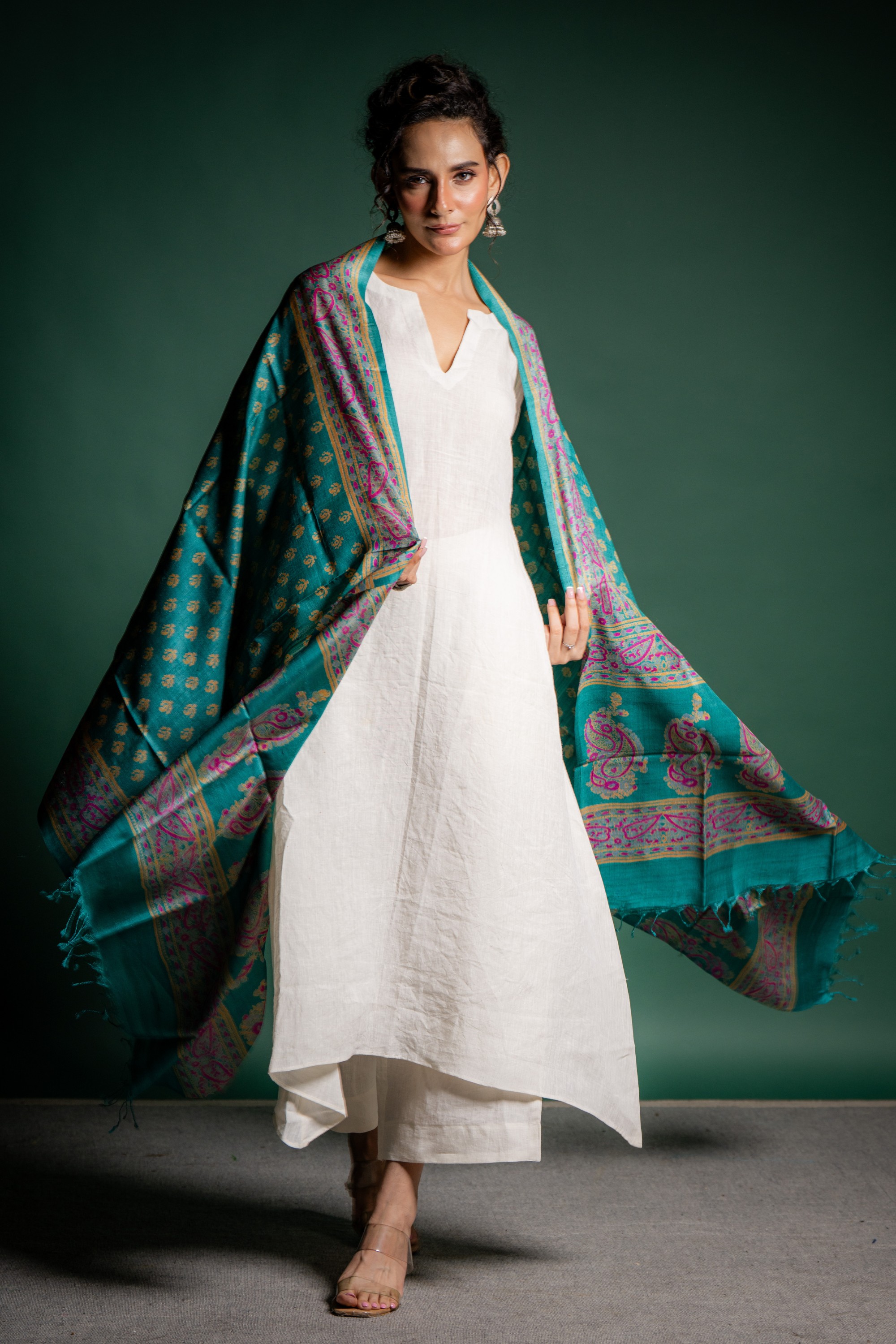 Aqua Gulmohar Silk Dupatta: The Blooming Serenity of Handwoven Grace