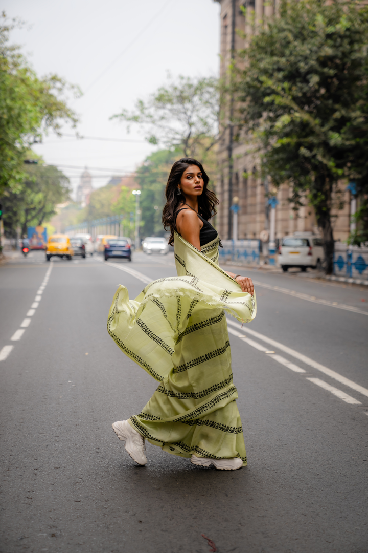 Pistachio Linear Hand Block Print Saree: A Symphony of Minimalist Charm
