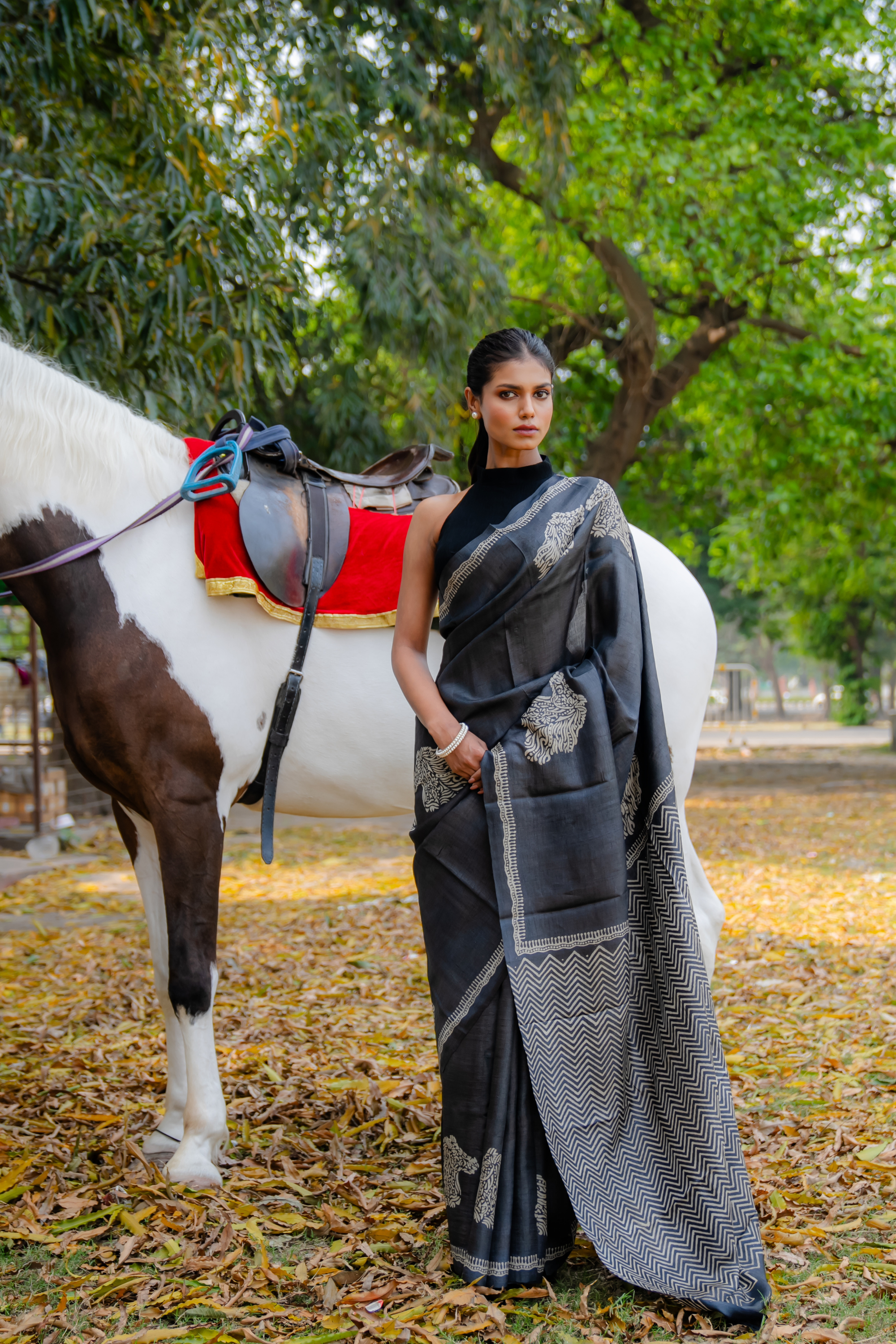 Charcoal Majesty Hand Block Print Saree: Sophistication in Slate