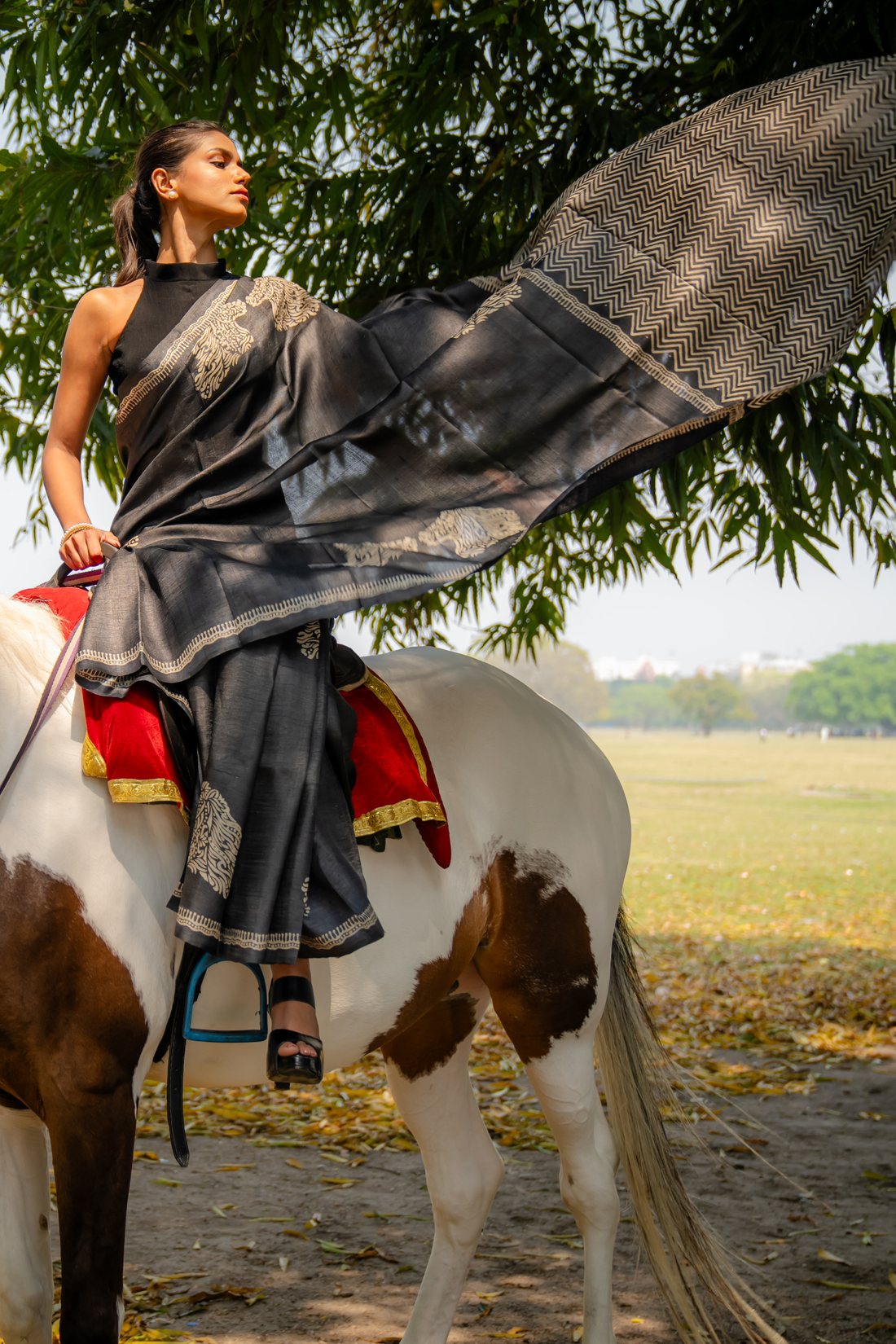 Charcoal Majesty Hand Block Print Saree: Sophistication in Slate