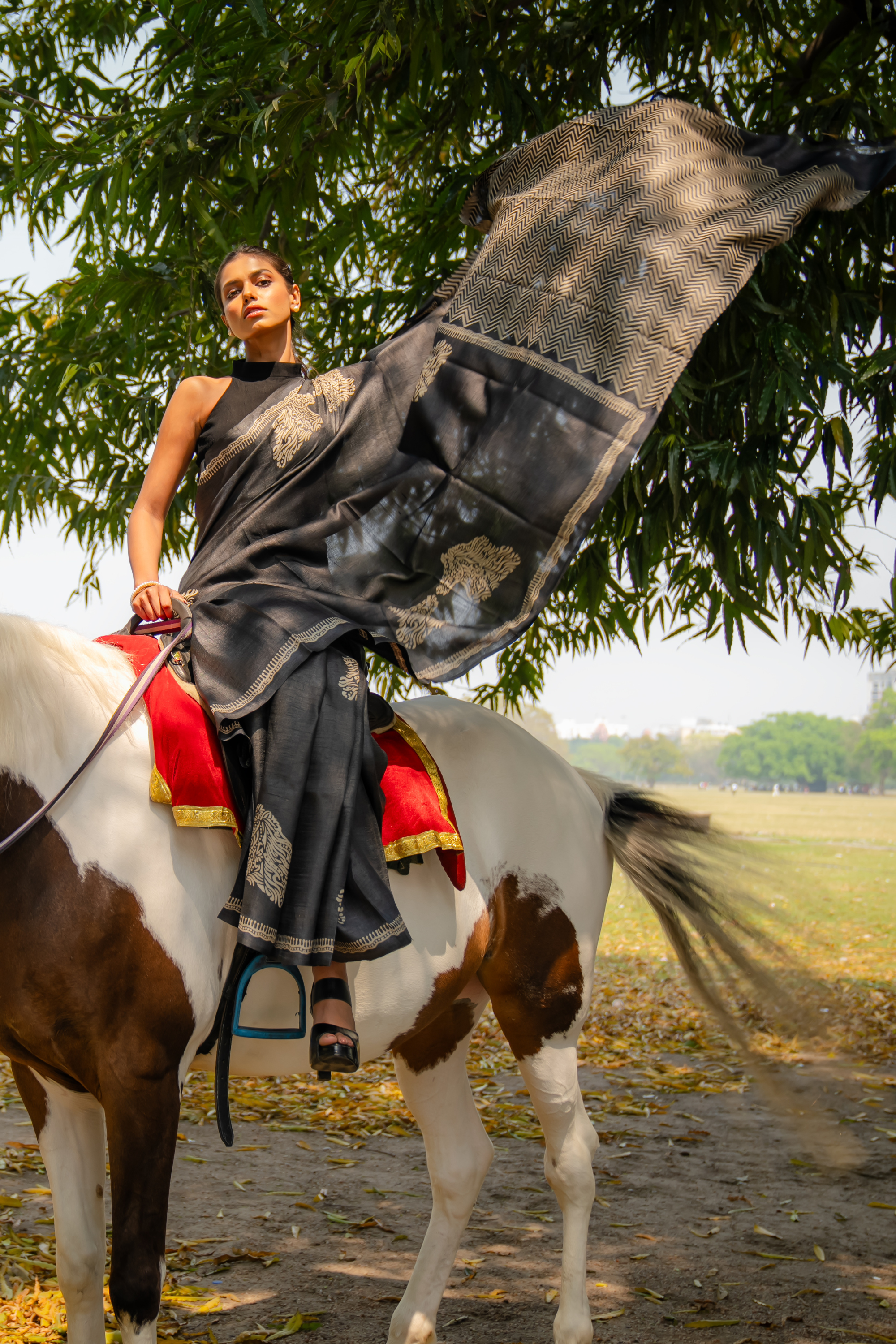Charcoal Majesty Hand Block Print Saree: Sophistication in Slate