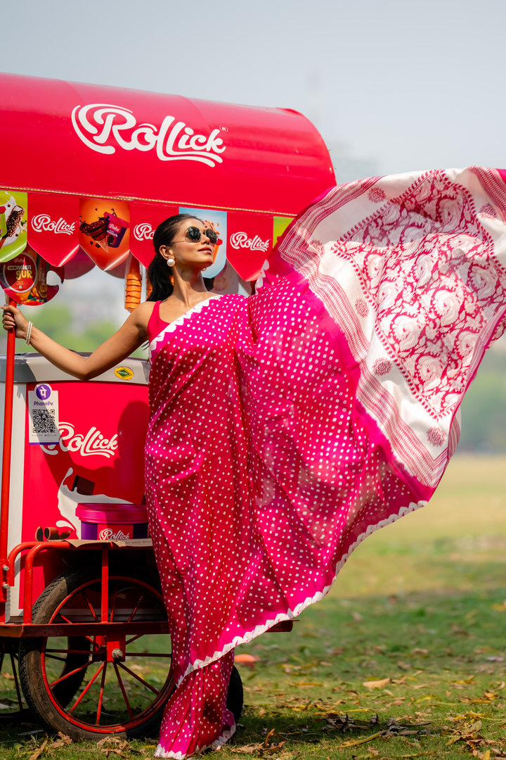 Fuchsia Flora-Dot Hand Block Print Saree: A Celebration of Joy