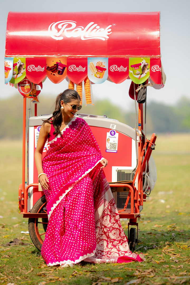 Fuchsia Flora-Dot Hand Block Print Saree: A Celebration of Joy