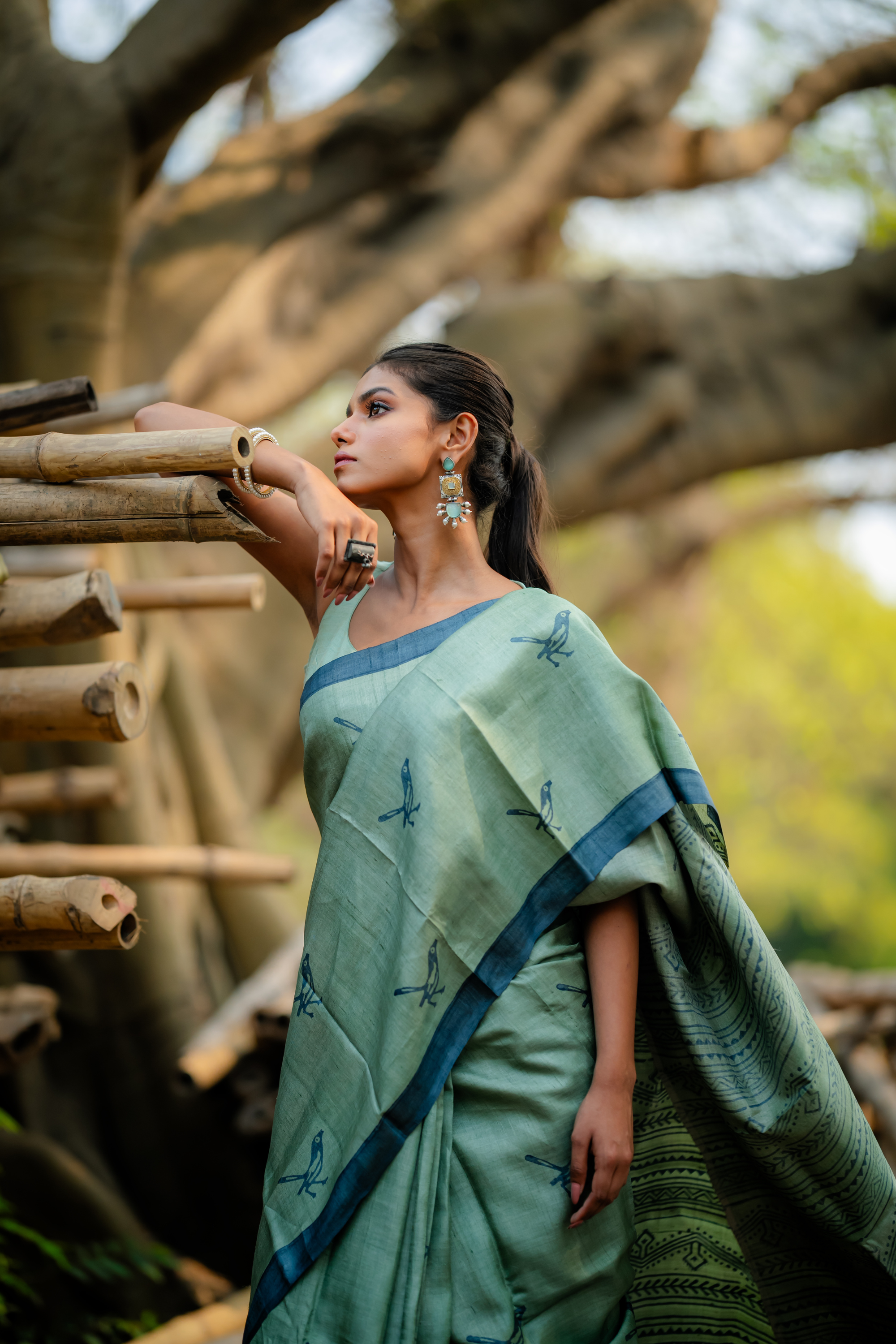 Sage Avian Hand Block Print Saree: A Whispering Muse of Nature