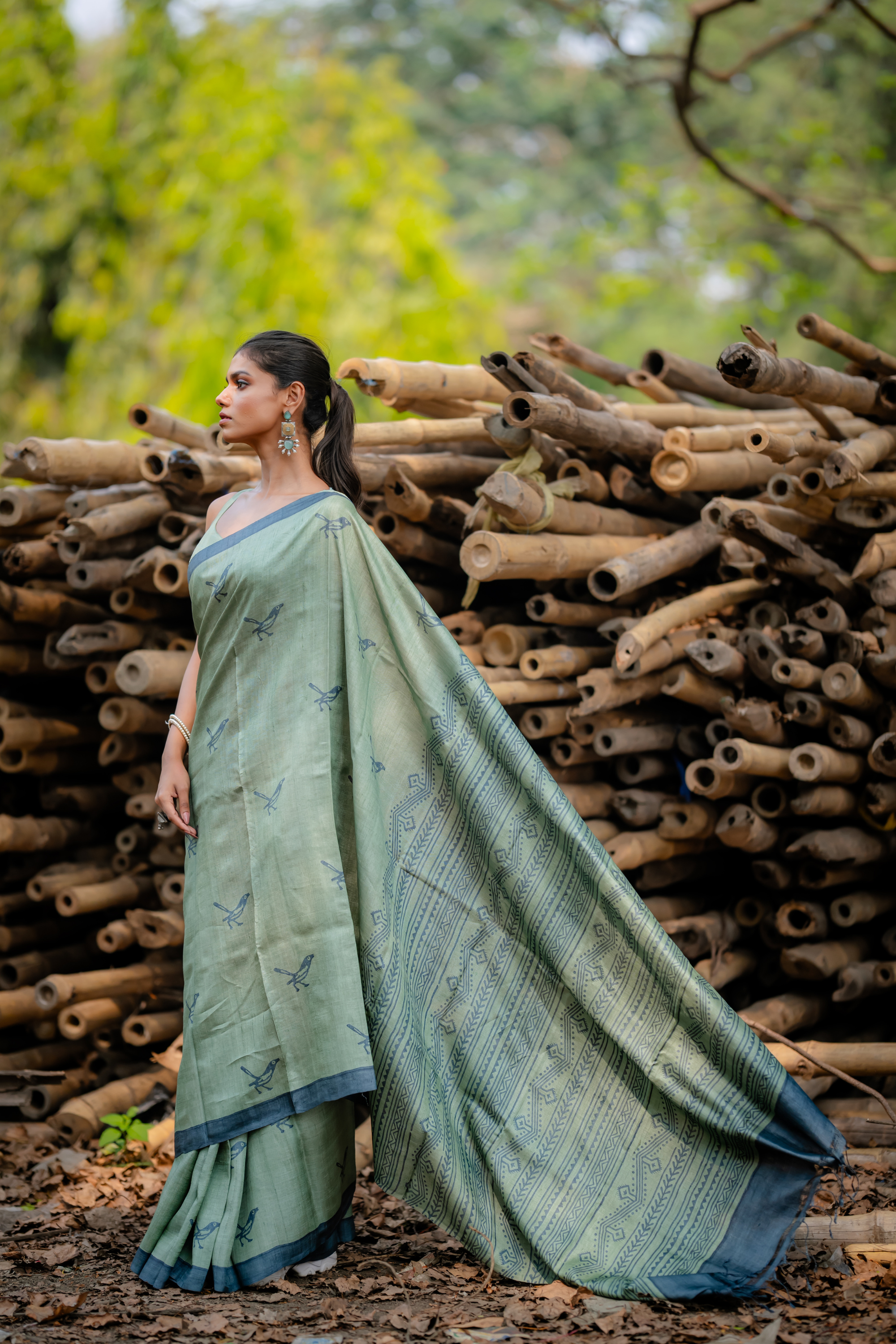 Sage Avian Hand Block Print Saree: A Whispering Muse of Nature