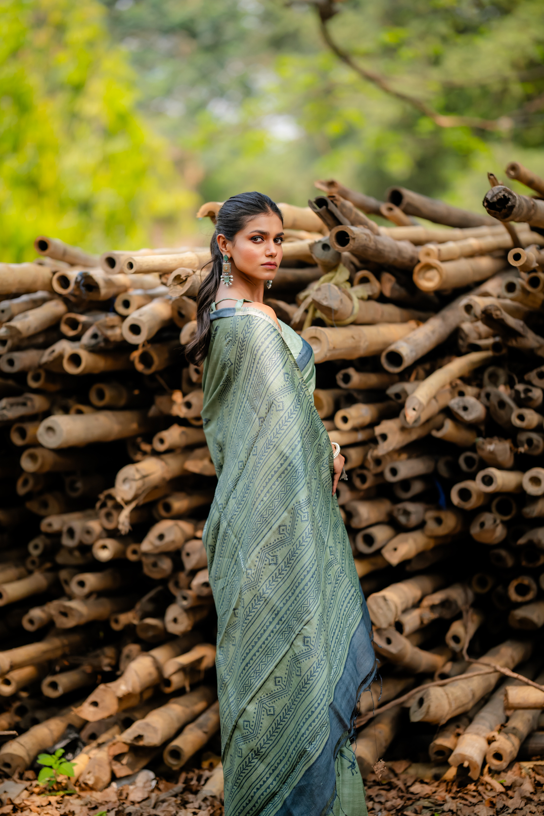 Sage Avian Hand Block Print Saree: A Whispering Muse of Nature