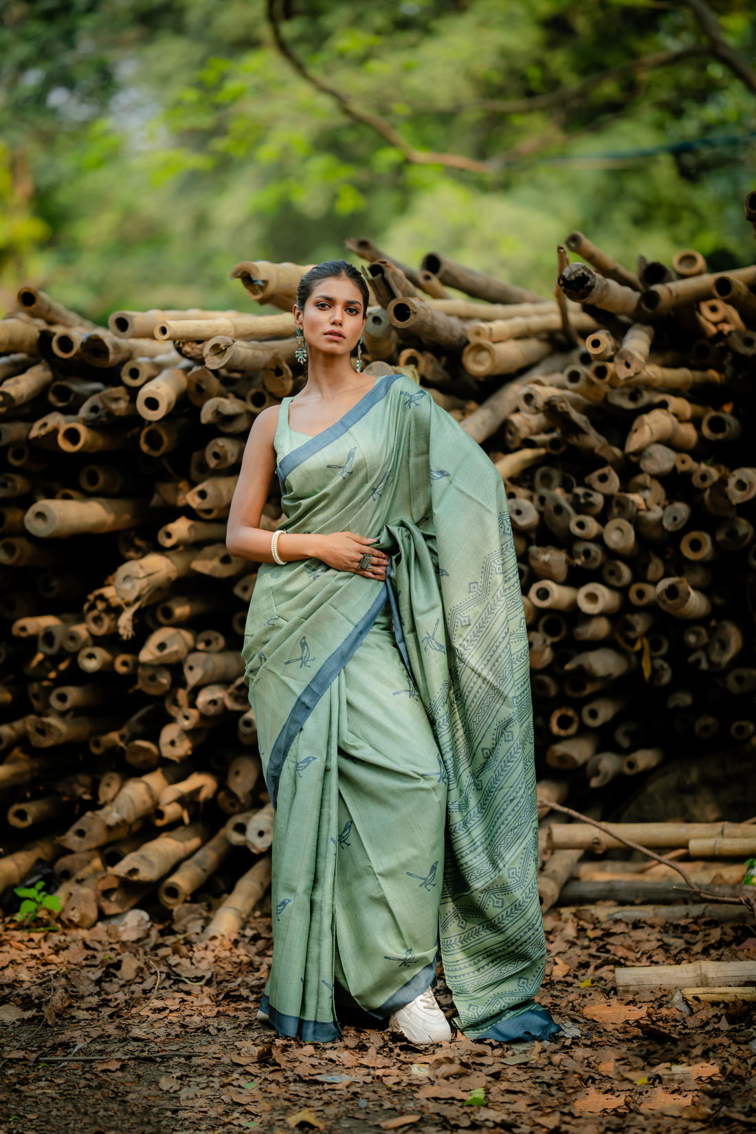 Sage Avian Hand Block Print Saree: A Whispering Muse of Nature