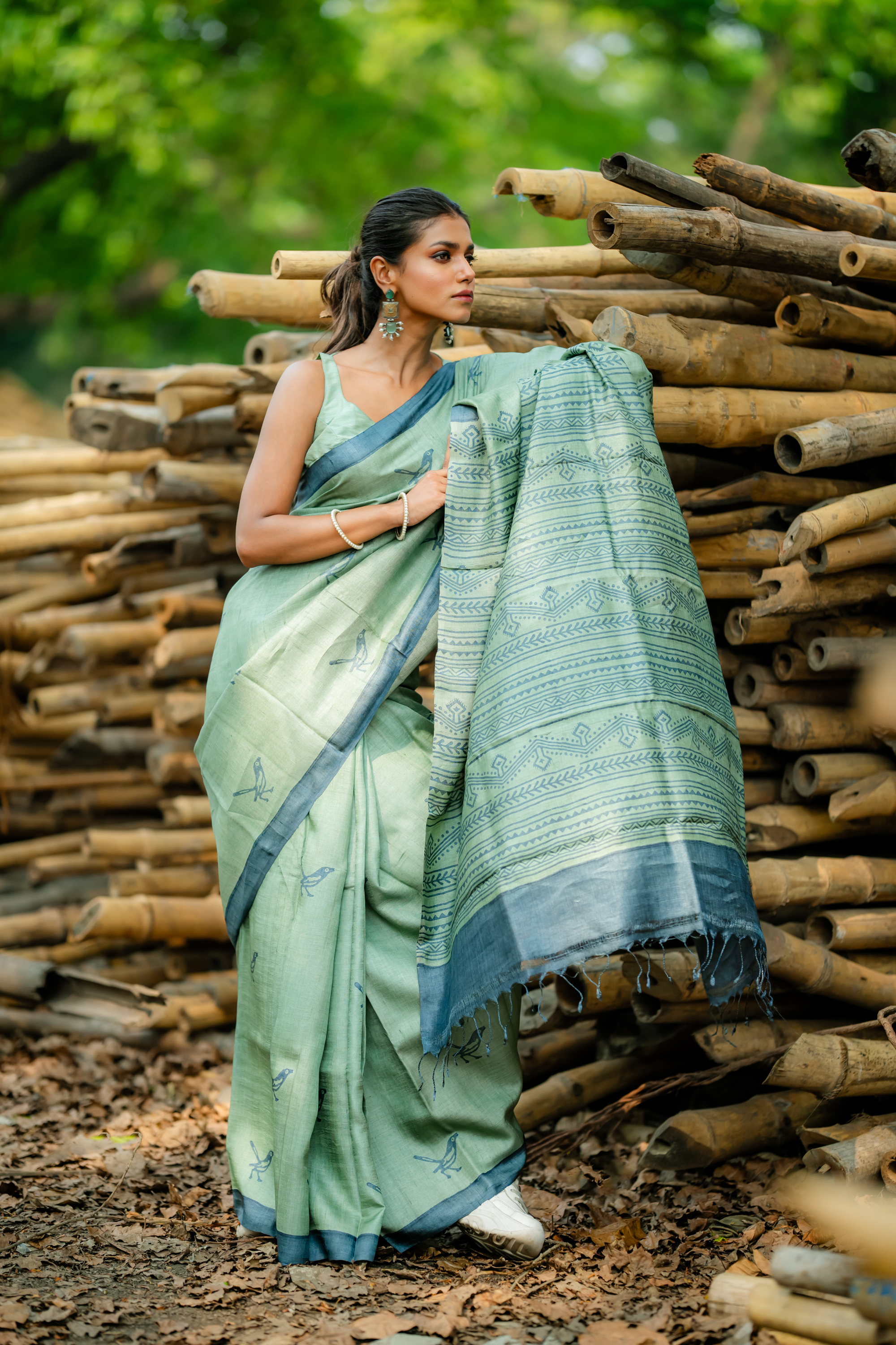 Sage Avian Hand Block Print Saree: A Whispering Muse of Nature