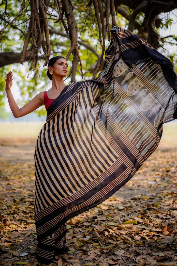 Midnight Stripe Hand Block Print Saree: A Study in Linear Sophistication