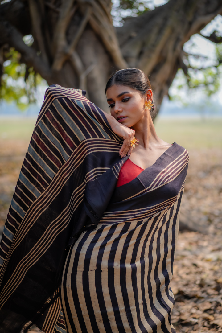 Midnight Stripe Hand Block Print Saree: A Study in Linear Sophistication