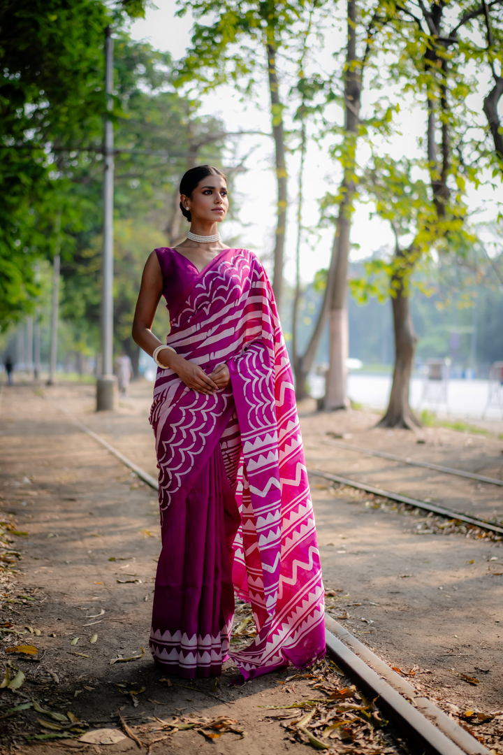 Magenta Wave Hand Block Print Saree: A Symphony of Rhythmic Color