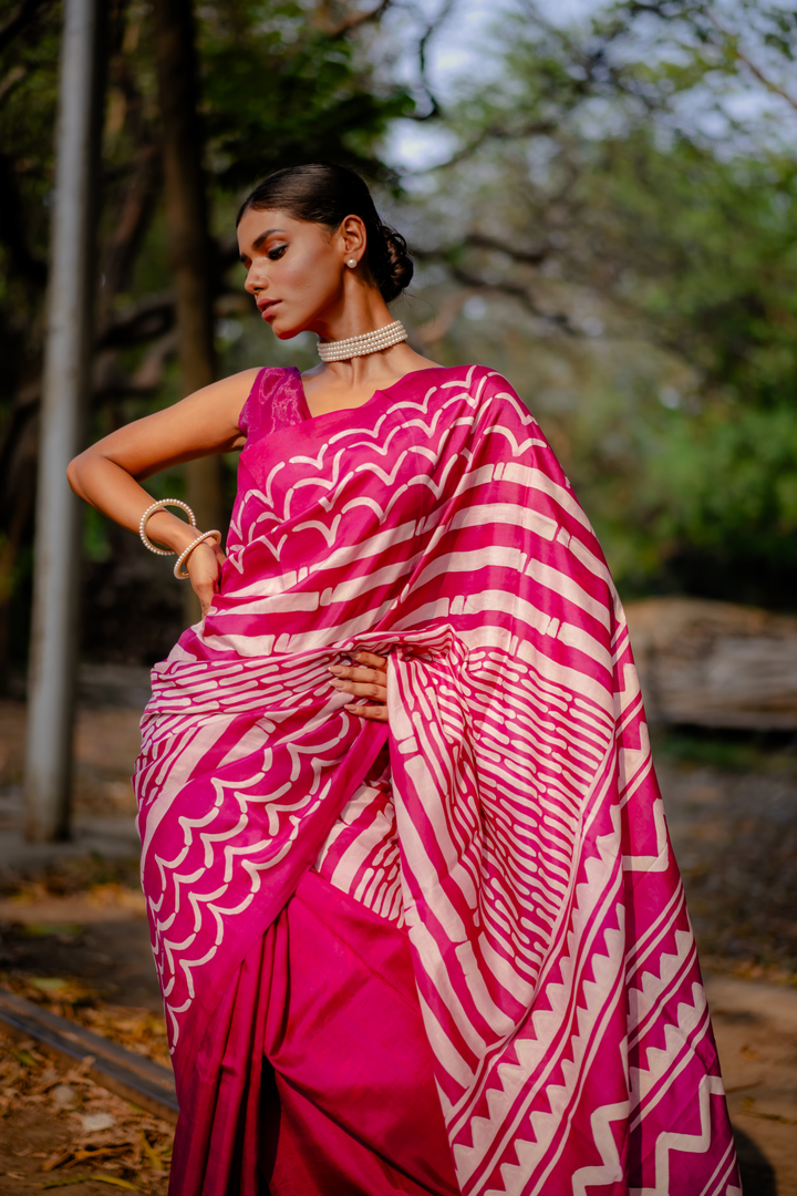 Magenta Wave Hand Block Print Saree: A Symphony of Rhythmic Color