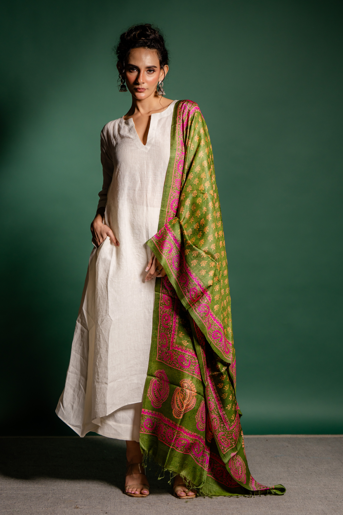 Olive Rosette Silk Dupatta: The Lush Poetry of Handwoven Elegance