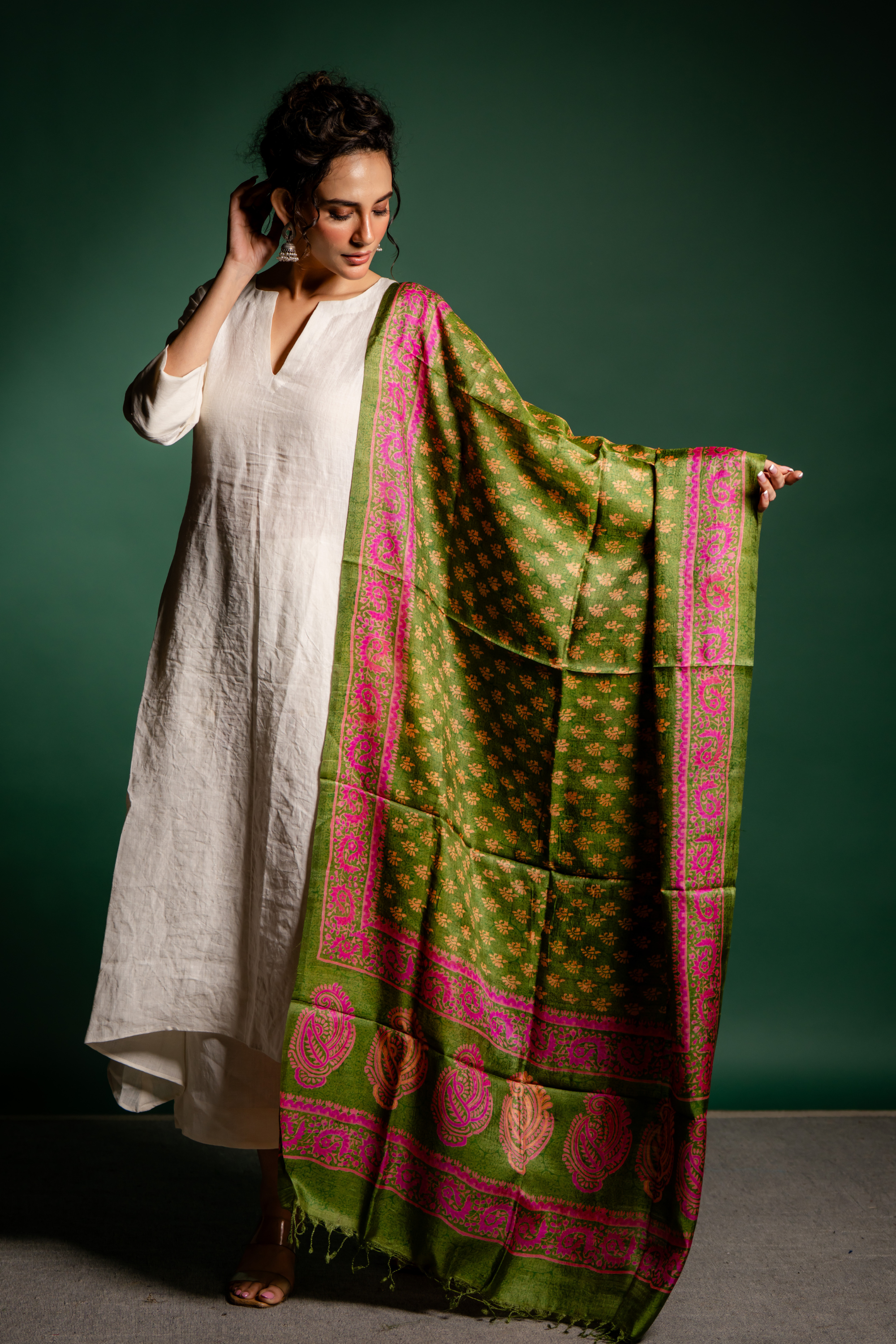 Olive Rosette Silk Dupatta: The Lush Poetry of Handwoven Elegance