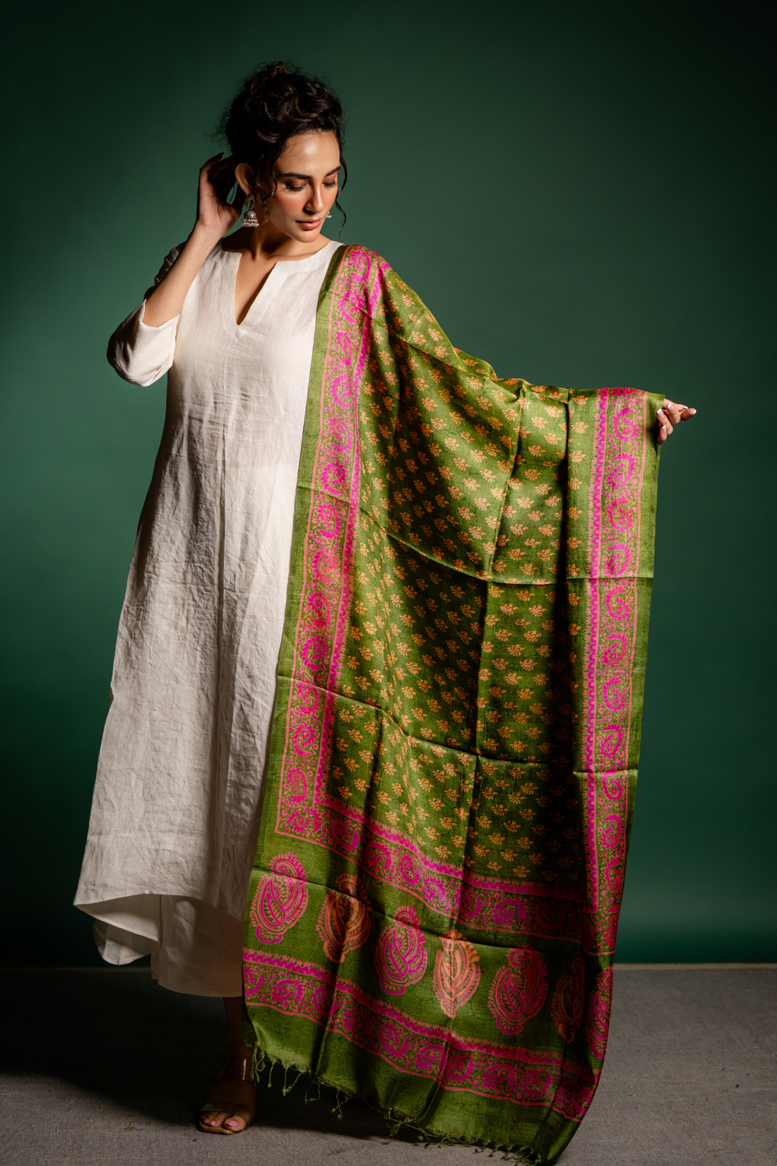 Olive Rosette Silk Dupatta: The Lush Poetry of Handwoven Elegance