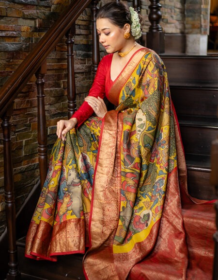 Kalahasti Kalamkari on Kanchipuram Silk